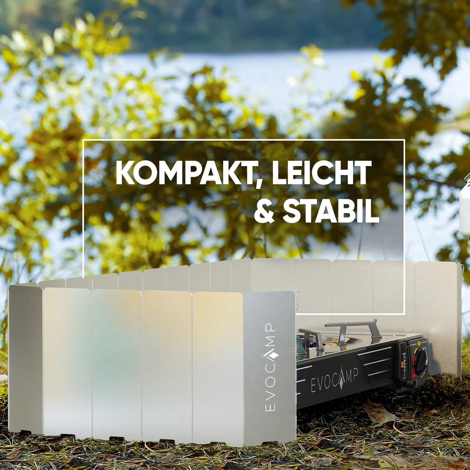 Evocamp Windschutz mit Gaskocher. Camping Windschutz mit 22 Lamellen.