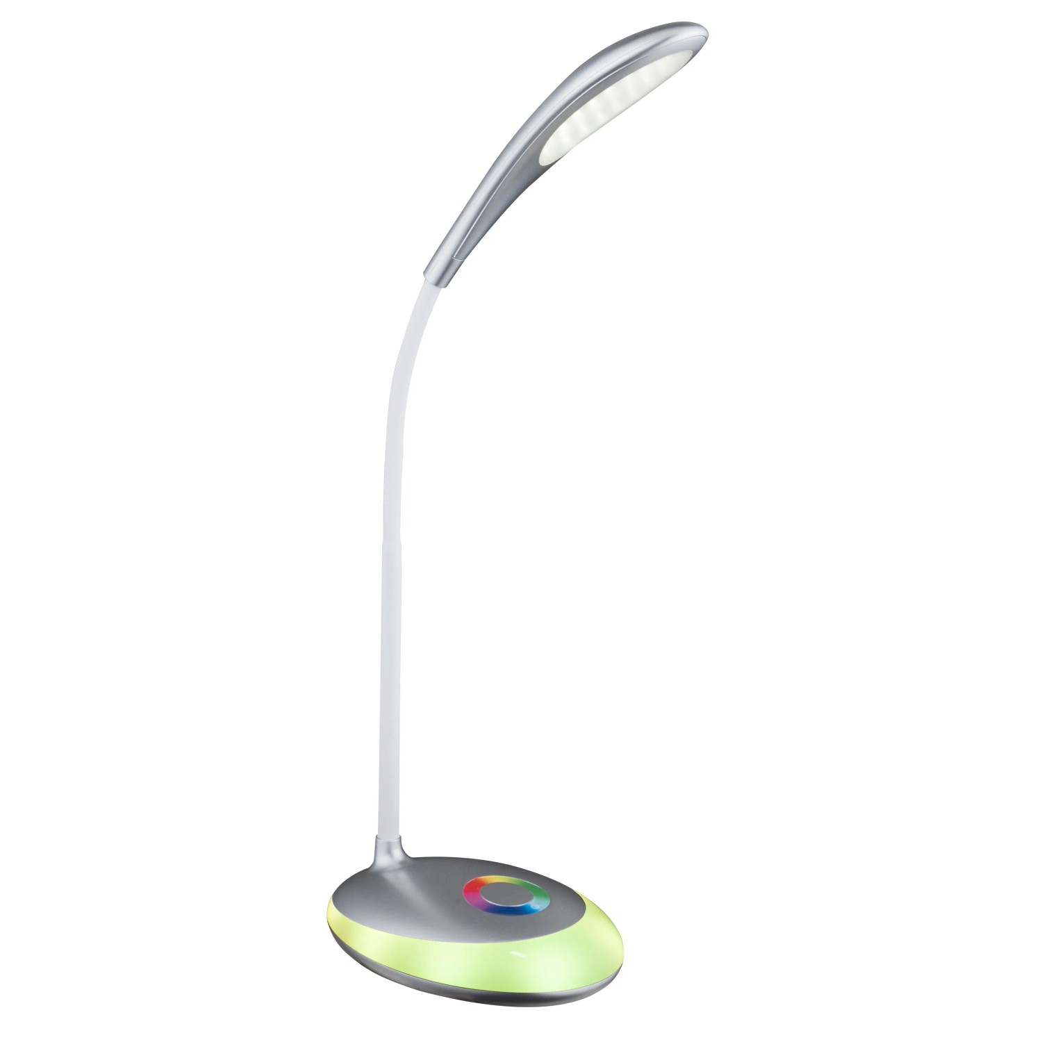 Silberne LED-Tischleuchte Minea mit Farbwechsler und flexiblem Arm für den Schreibtisch.