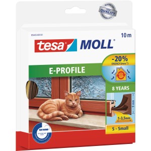 Verpackung der Tesamoll Fensterdichtung Classic E-Profil, braune Gummidichtung für Fenster und Türen, 10 m.