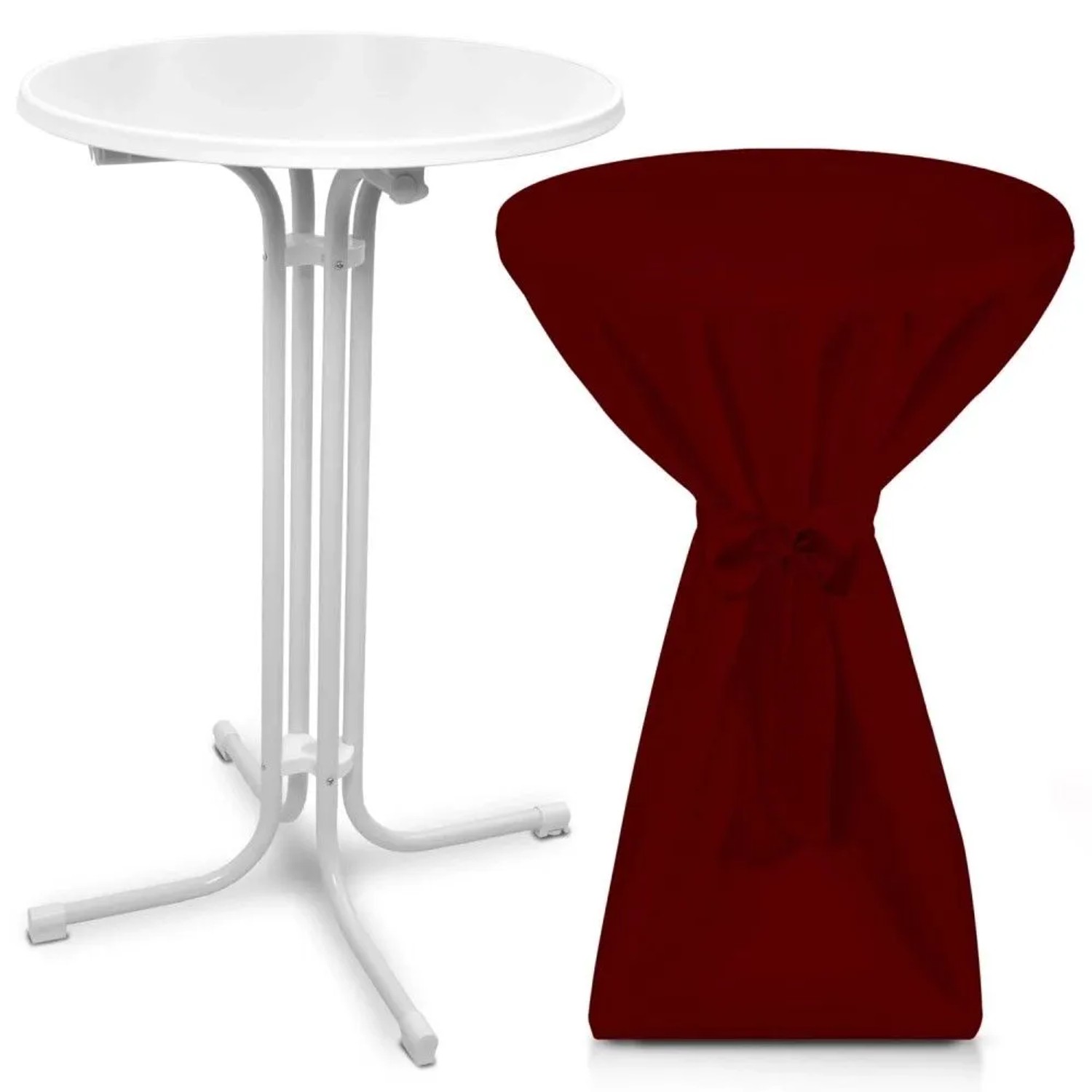 Beautissu Bellini Stehtisch ø 70cm Weiß mit Premium Stehtischhusse ø 70cm Bordeaux