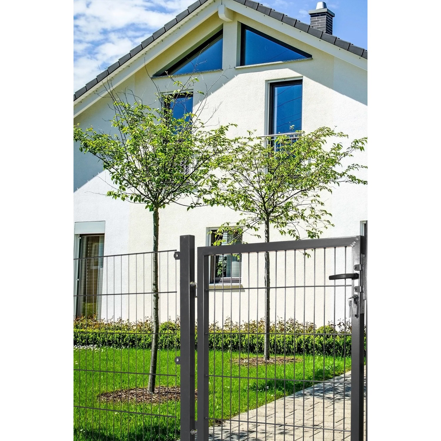 Anthrazitfarbenes Gartentor aus Stahl mit Doppelstabmatten-Füllung, 120x100 cm.