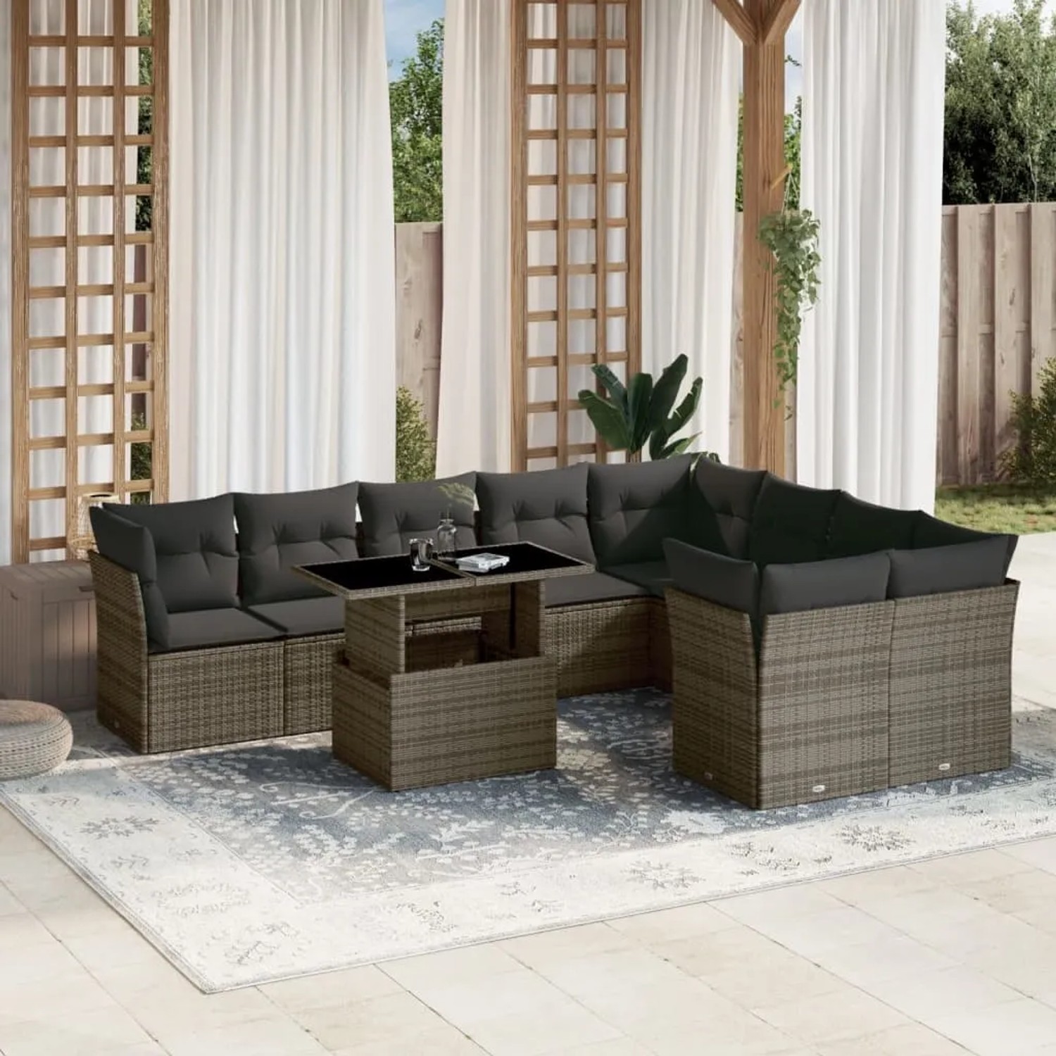 Graue 10-tlg. vidaXL Garten-Sofagarnitur aus Polyrattan mit Tisch und Kissen.
