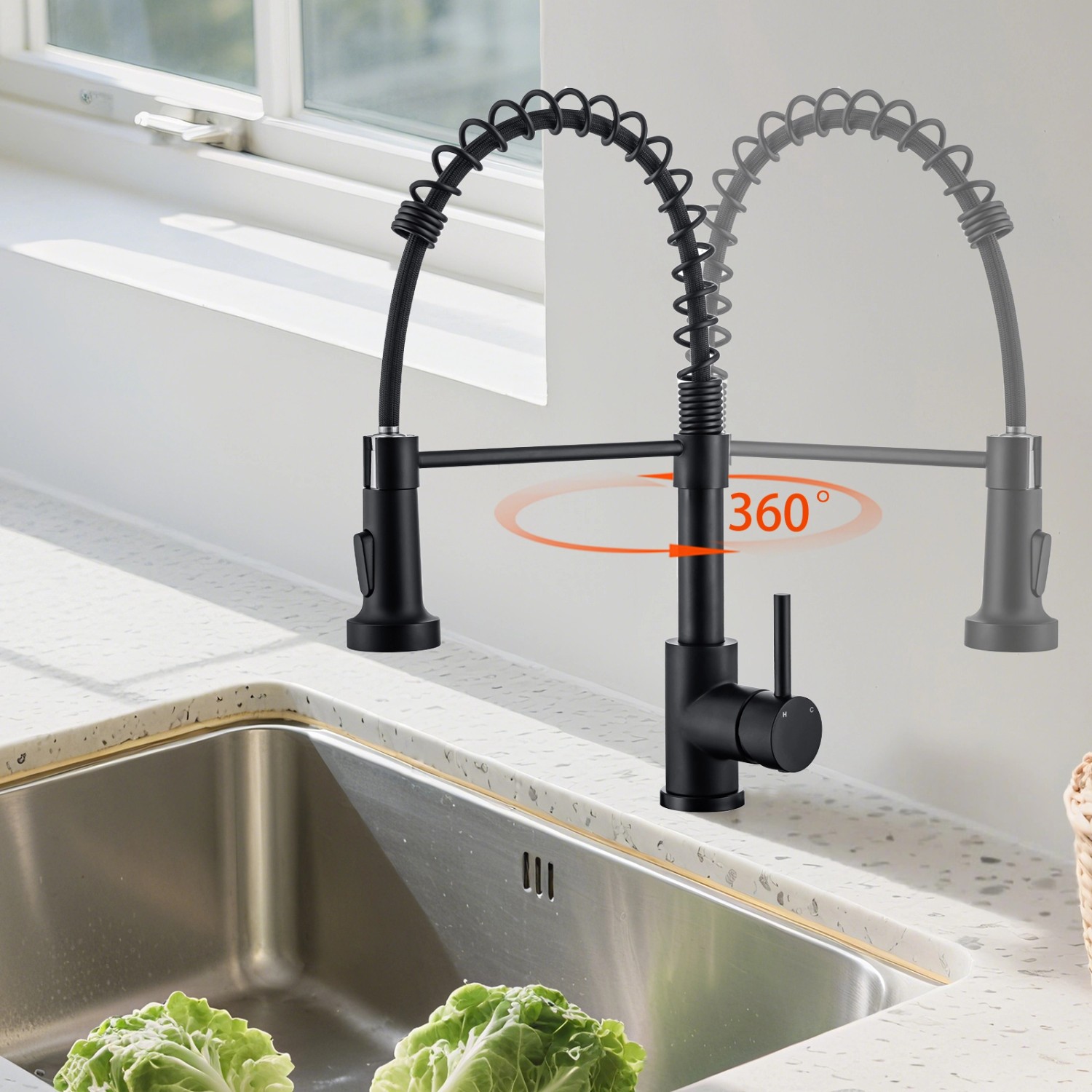 AICA Hochdruck Wasserhahn 43x21x12cm Schwarz Küche Abnehmbarer Mischbatterie und Drehbarer 360° Spiralfeder Bad Küchenarmatur_5