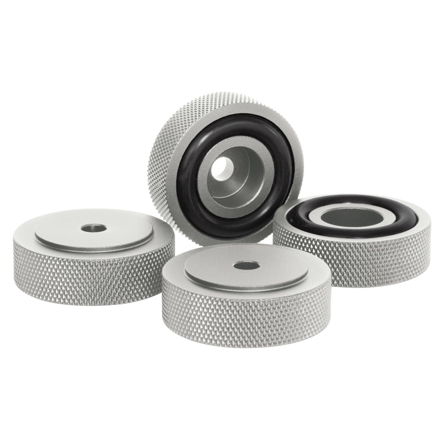 Dynavox Gerätefüße, 4er Set, silber, gerändelt, für HiFi-Geräte zur Vibrationsreduktion.