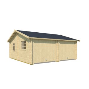 Lasita Maja Doppel-Holzgarage Falkland mit Schwingtor, Naturholz, Seitenansicht.