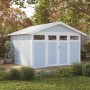 Grosfillex Gerätehaus Utility 11 in Graublau, 11 m², mit Doppeltür und weißen Akzenten im Garten.