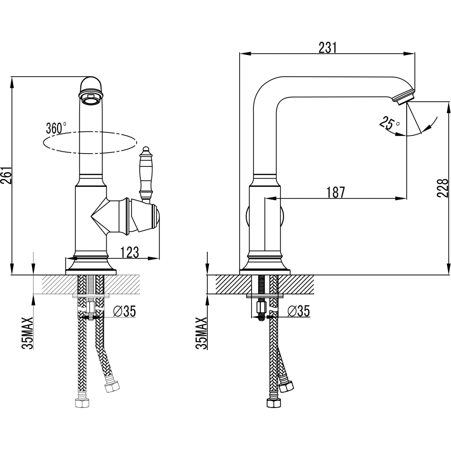 Technische Zeichnung: PaulGurkes Waschtischarmatur Retro, Küchenarmatur Nostalgie, Wasserhahn mit Maßen.