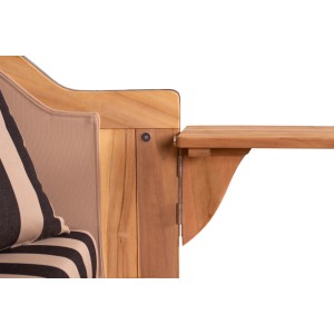 Detailansicht Strandkorb Westerland Teak mit Bullauge und ausklappbarem Tisch.