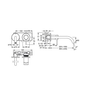 Technische Zeichnung: Hansa Waschtisch Wandbatterie HANSAPUBLIC, Ausladung 22,5 cm, Chrom, Maße und Details.