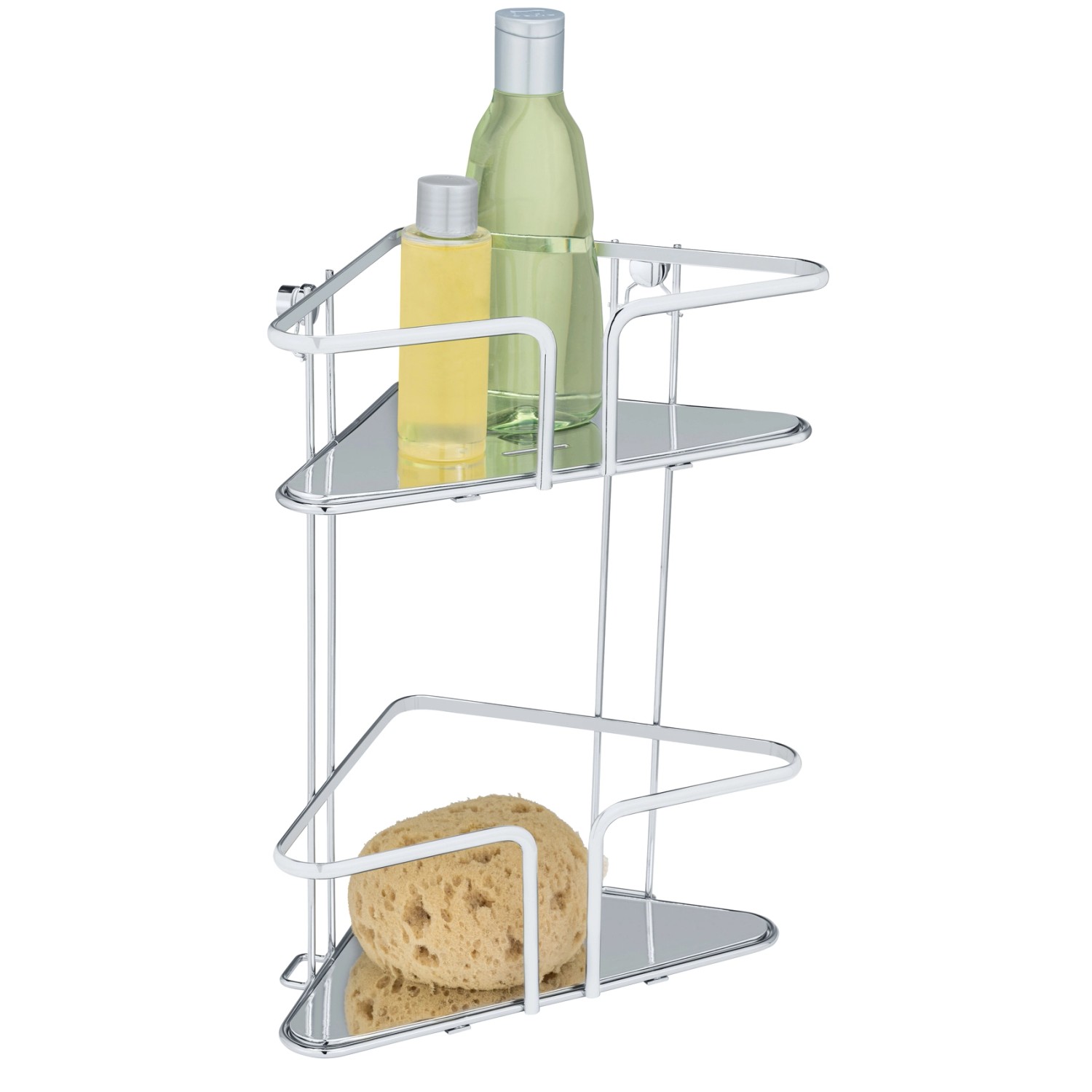 WENKO Eckregal Termoli, Edelstahl, 2 Etagen mit Badutensilien wie Duschgel und Schwamm.