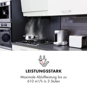 Weiße Klarstein Aurica 60 Dunstabzugshaube aus Glas, kopffrei, entfernt Dampf über Kochfeld in Küche.