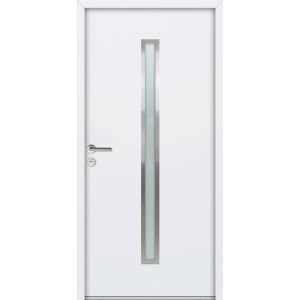 Weiße FM Tür NBT56 Modell 01 Nebeneingangstür mit Glasausschnitt und Edelstahlgriff links.