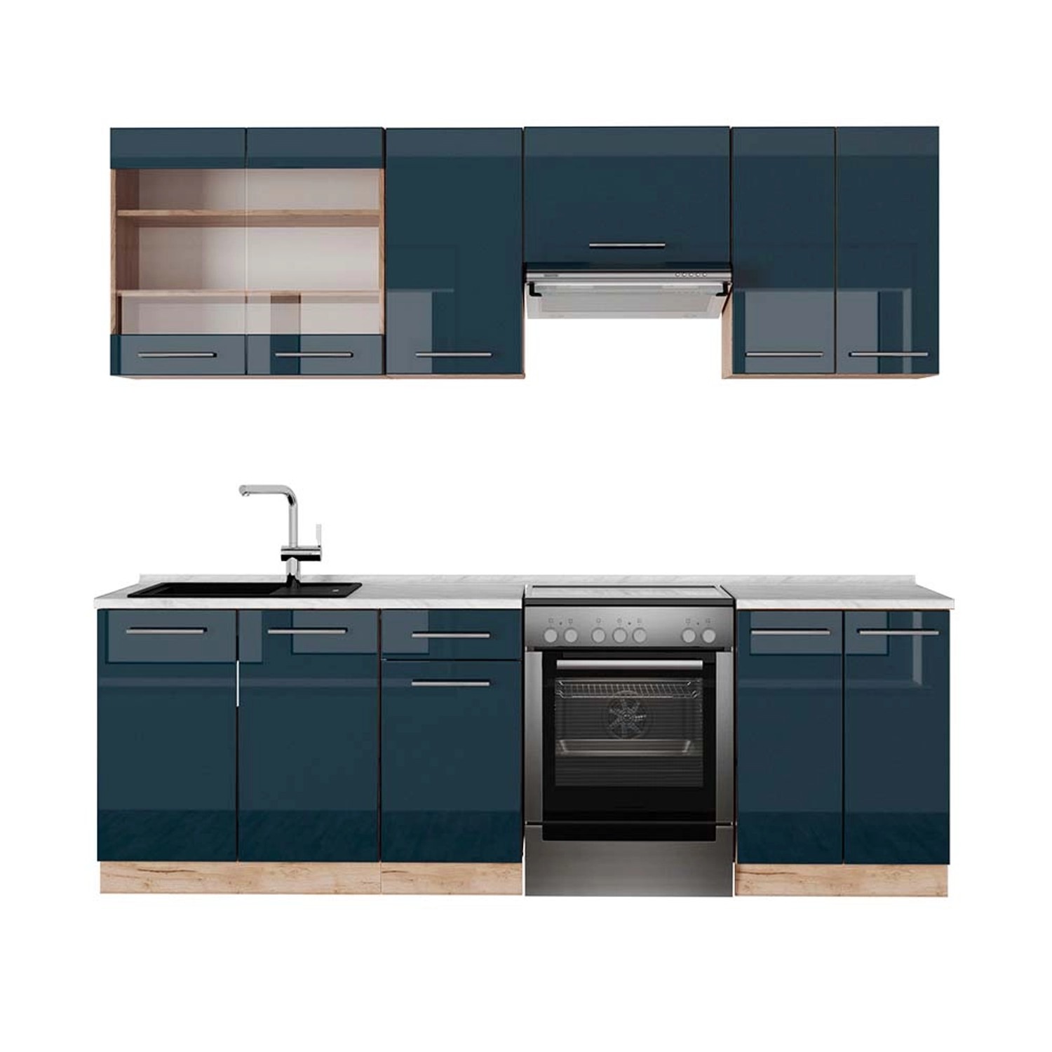 Vicco Fame-Line Küchenschränke Dunkelblau Hochglanz/Goldkraft Eiche 240 cm günstig online kaufen