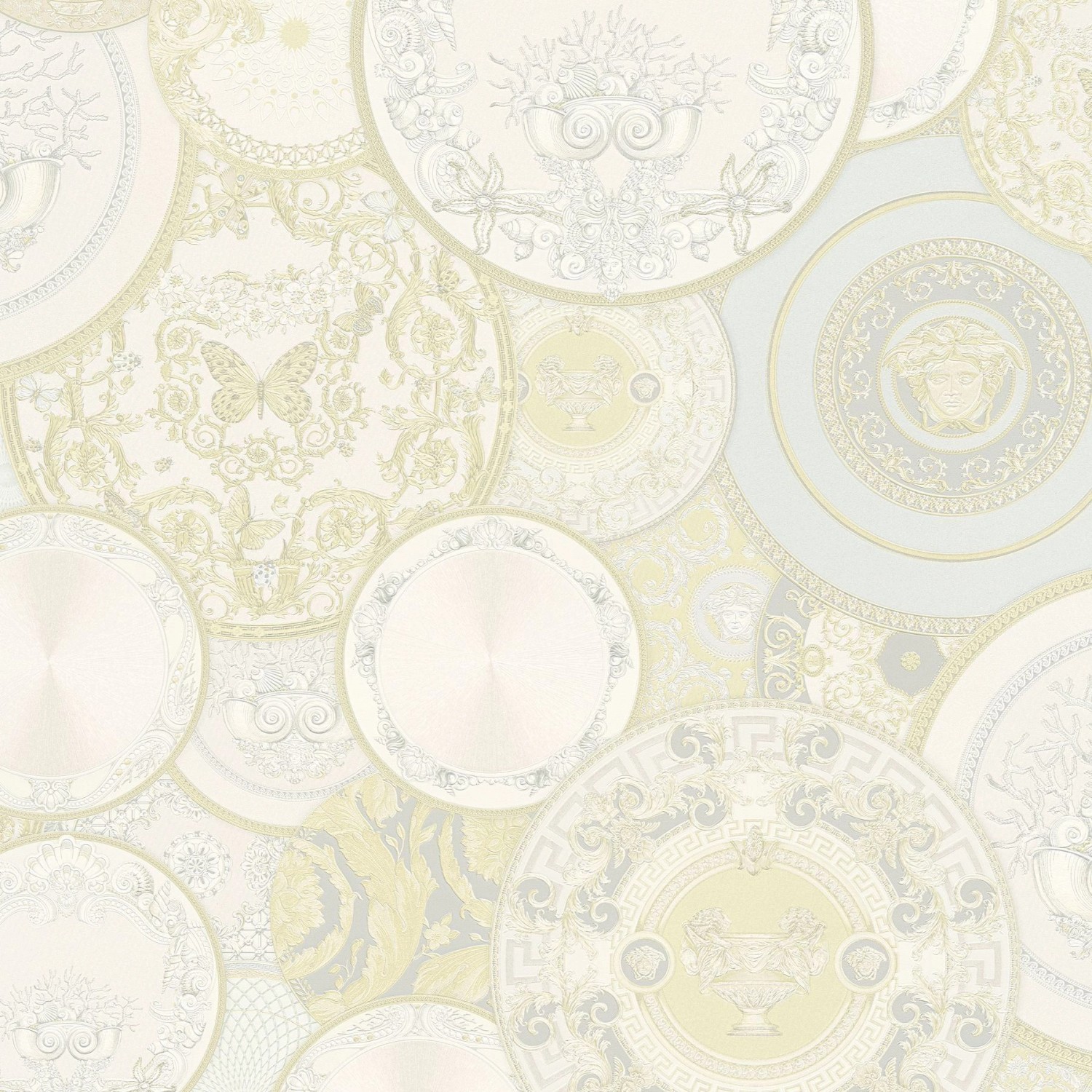 Bricoflor Weiße Tapete mit Teller Design Elegante Tapete mit Medusa und Schmetterling ausgefallene Vliestapete mit Muschel und Koralle für Küche