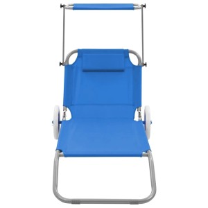 Blaue vidaXL Klappliege mit Sonnenschutz, Rädern und Stahlrahmen.