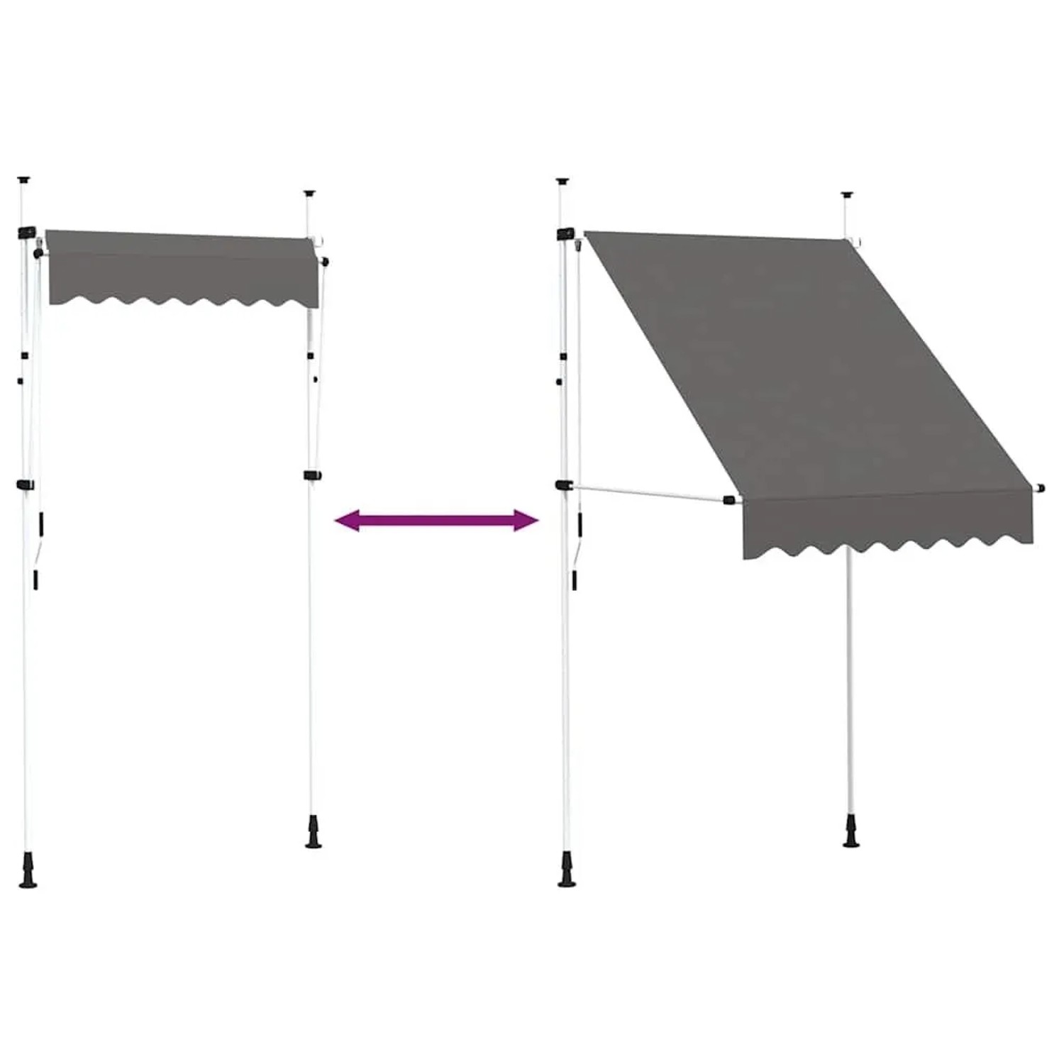 Anthrazitfarbene, handbetriebene Markise, 150 cm, ausgefahren und eingefahren. Flexible Beschattung für Terrasse.