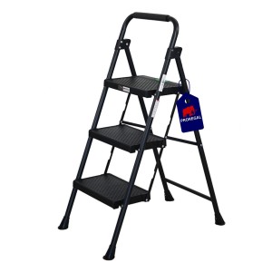 PROREGAL Profi-Trittleiter, klappbar, 3 Stufen, Stahl schwarz, Traglast 150kg. Haushaltsleiter für Heim & Werkstatt.