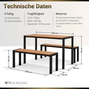 BERLINLODGE Bierzeltgarnitur MALLORCA, 3-teiliges Gartenmöbel-Set mit Tisch und 2 Bänken in Holzoptik.