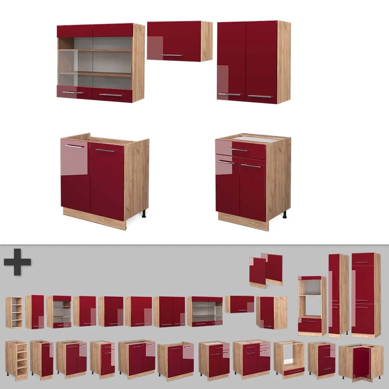 Vicco Küchenzeile Fame-Line, 200 cm, Bordeaux Hochglanz/Goldkraft Eiche, ohne Arbeitsplatte.