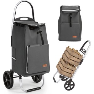 Sekey faltbarer Einkaufstrolley, 50L, grau, mit Aluminiumrahmen und Beispielen für Nutzung.