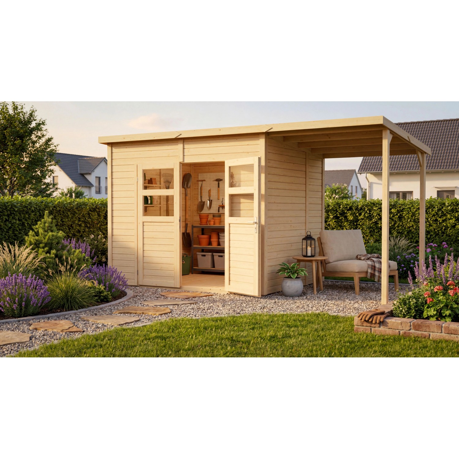 Bertilo Holz-Gartenhaus Felix 3 PLUS XL NATURAL Flachdach Unbehandelt