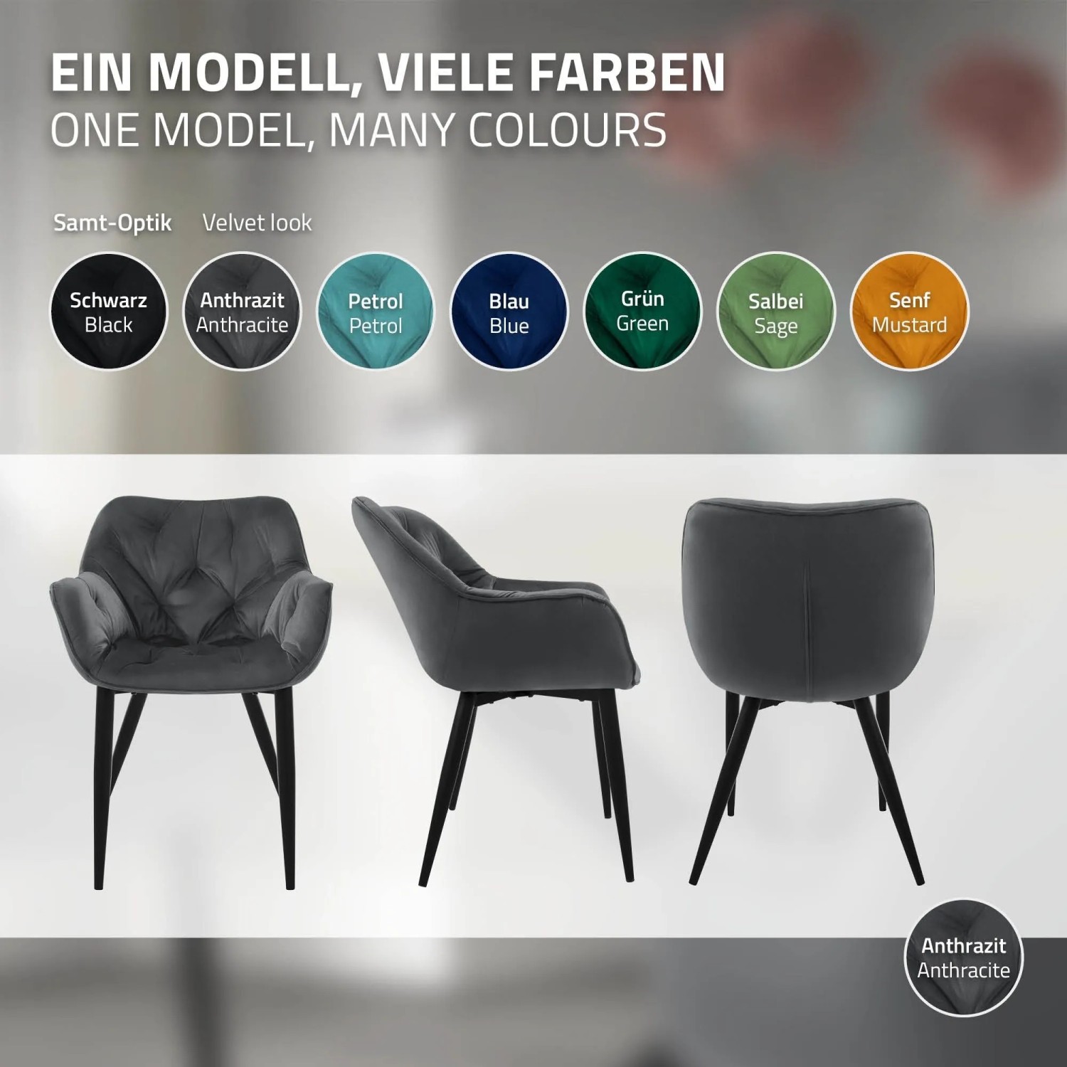ML-Design Esszimmerstuhl Anthrazit: Drei Ansichten des modernen Polsterstuhls mit Samtbezug, Armlehnen und schwarzen Metallbeinen.