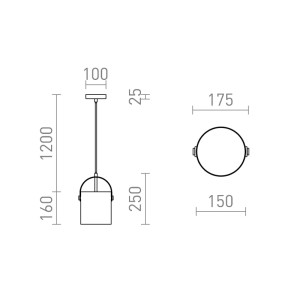 Technische Zeichnung der Rendl Pendelleuchte Julietta. Zeigt Maße und zylinderförmiges Opalglas-Design.