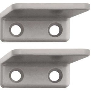 Zwei graue Schellenberg Rollladen-Anschlagwinkel aus Kunststoff mit je zwei Löchern.