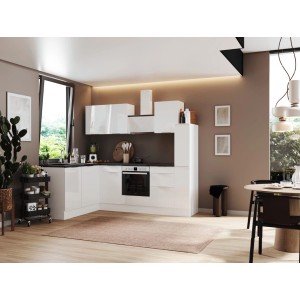 Weiße Respekta Selection Winkelküche Elisabeth RSL250WWH (250 cm) mit E-Geräten.