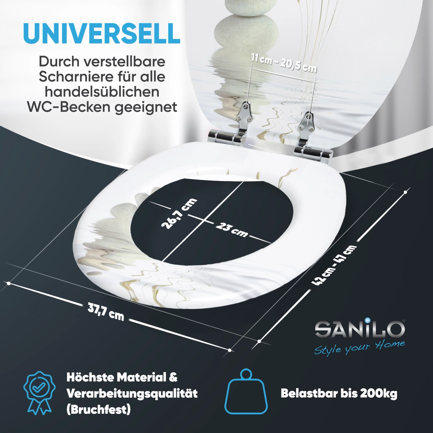 Sanilo WC-Sitz Balance aus Holz mit Absenkautomatik, Marmor-Optik, Maße eingezeichnet.