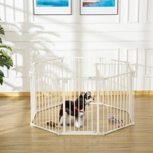Weißer PawHut Welpenauslauf, klappbar, mit Tür und 8 Paneelen, ein Hund spielt darin auf Holzfußboden.