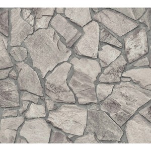 Graue Vliestapete mit detailreichem Bruchsteinmauer Design für Wohnräume.