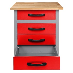 Werkstattschrank mit Buchenholzplatte, vier roten Schubladen und grauem Rahmen. Teil des Ondis24 Werkstatt Sets.