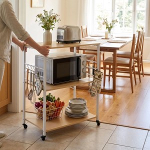 Relaxdays Küchenrollwagen MDF Stahl Natur mit Rollen 3 Ebenen 89 cm x 80 cm x 40 cm