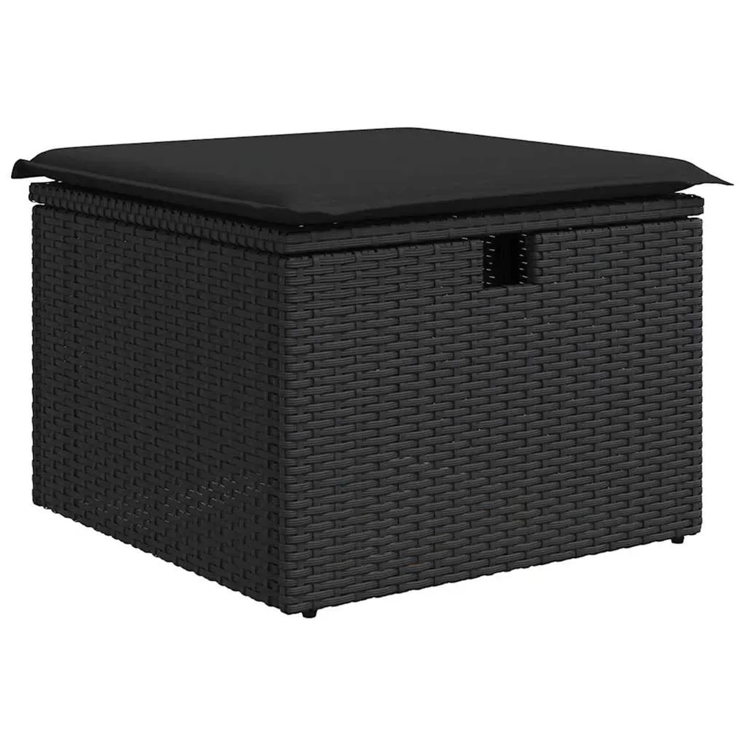 Schwarzer vidaXL Gartenmöbel-Fußhocker aus Polyrattan mit Kissen, Teil der 5-tlg. Sofagarnitur.