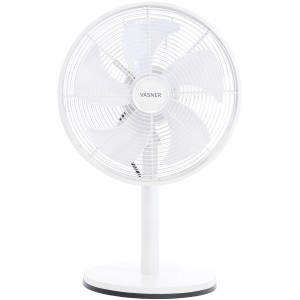 Weißer Vasner Tischventilator Ventury T aus Metall mit 5 Rotorblättern und 3 Stufen.