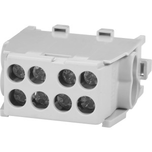 Graue Hauptleitungs-Abzweigklemme, 1-polig, für 16-25 mm² Kabel, zur Montage auf DIN-Schienen.