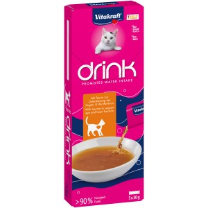 Vitakraft Katzenleckerli Drink Huhn, 5x30g, mit Taurin für gesunde Katzen. Katzensnack ohne Zuckerzusatz.
