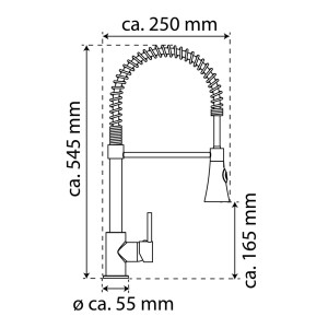 Skizze der Eisl Spiralfeder Spültischarmatur Leon Niederdruck Chrom mit Maßangaben.