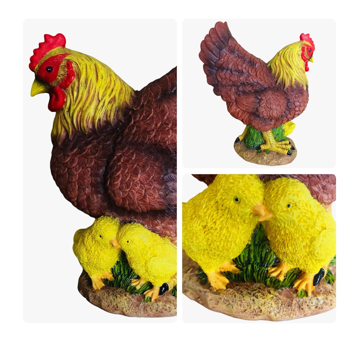 Bunte Gartenfigur aus Polyresin: Hahn mit zwei gelben Küken. Wetterfeste Dekofigur für Garten & Terrasse.