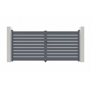 Graues Casanoov Doppelflügeltor aus Aluminium, 3,5 m breit, mit horizontalen Lamellen.