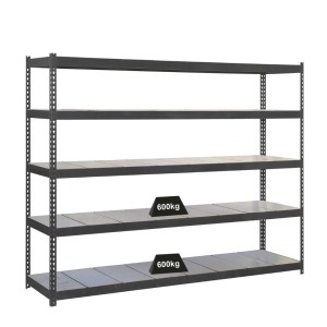 Anthrazitfarbenes PROREGAL Schwerlastregal Metal Beast Five mit fünf Böden und 600 kg Fachlast.