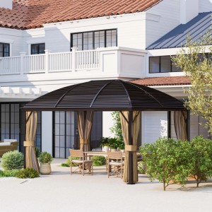 Brauner Outsunny Pavillon aus Aluminium und Polyester, 398x298x280 cm, mit Vorhängen und Moskitonetz.