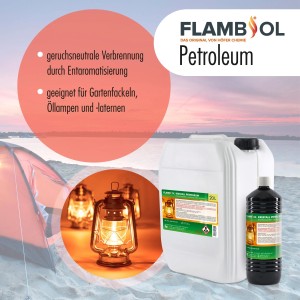 Flambiol Petroleum Heizöl, 60 x 1l Flaschen und Kanister. Brennstoff für Lampen, Öfen und als Grillanzünder.