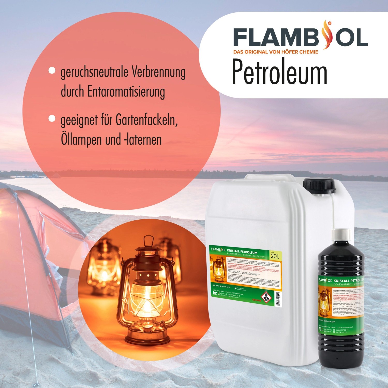 Flambiol Petroleum Heizöl, 60 x 1l Flaschen und Kanister. Brennstoff für Lampen, Öfen und als Grillanzünder.