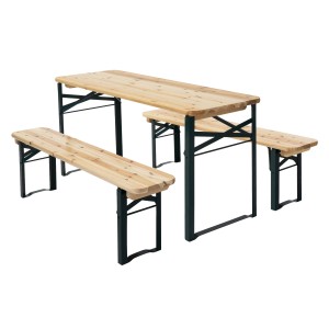 ML-Design Kindersitzgruppe aus Tannenholz für Outdoor: Tisch und zwei Bänke mit dunkelgrünem Gestell.