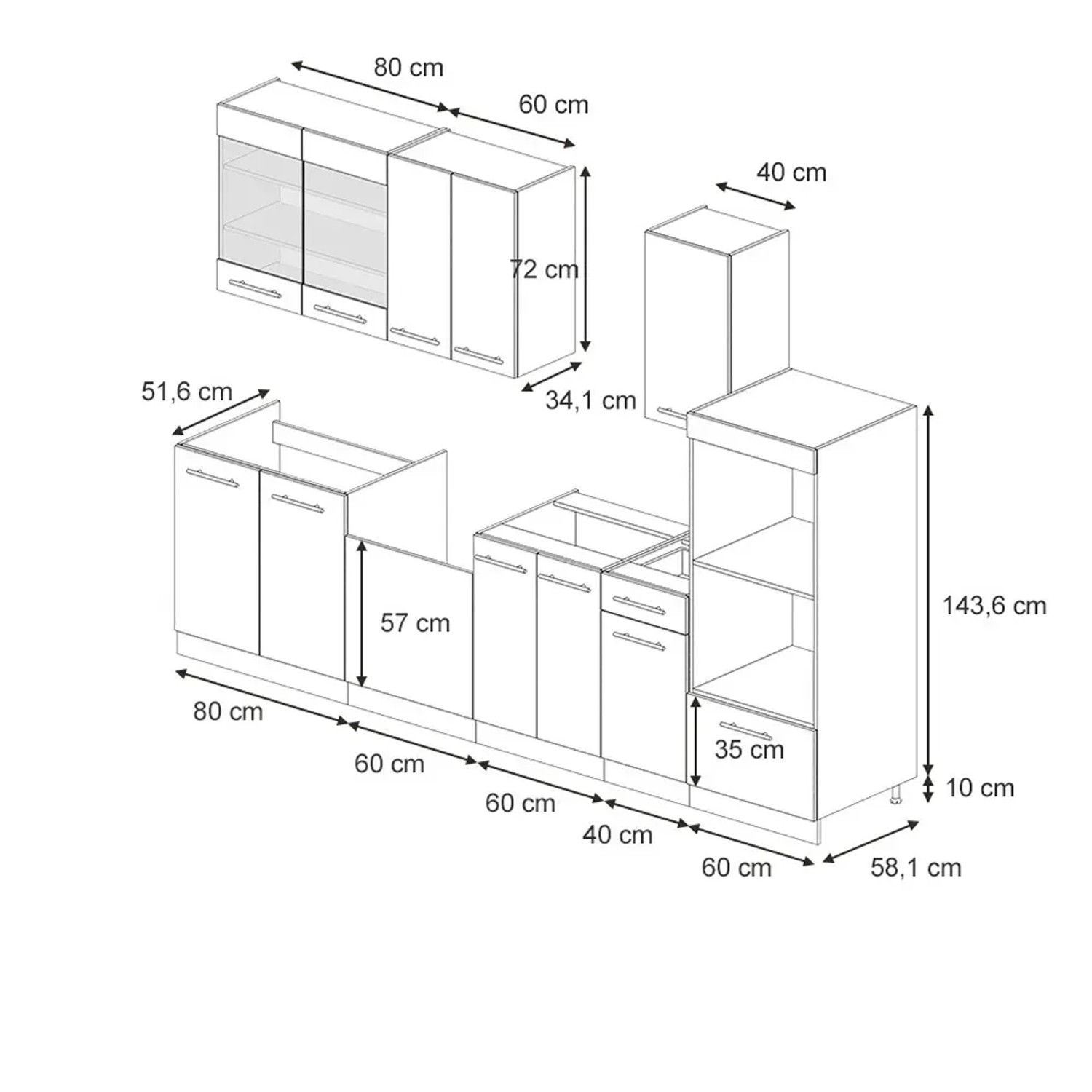 Skizze der 300 cm Vicco Fame-Line Küchenschränke in Dunkelblau Hochglanz/Anthrazit mit Maßen.