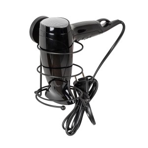 Wenko Haartrocknerhalter Milazzo Vacuum-Loc Schwarz mit schwarzem Fön im Halter.