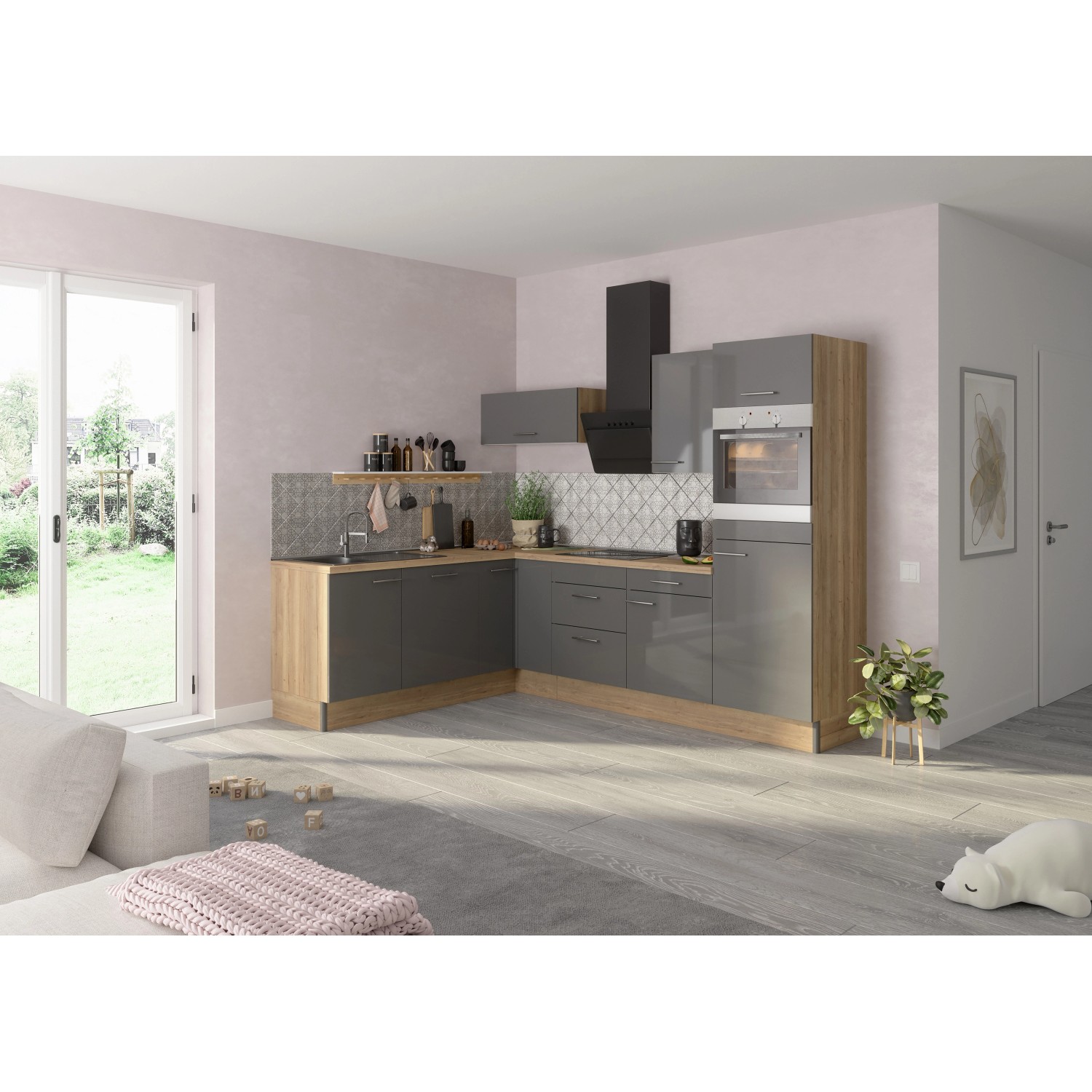 Optifit Winkelküche/L-Küche Optikoncept Jonte ohne E-Geräte 270 cm Anthrazit-Wildeiche