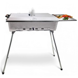 Schaschlikgrill Astana Deluxe aus Edelstahl mit BBQ Deckel, Grillrost und Ablage.